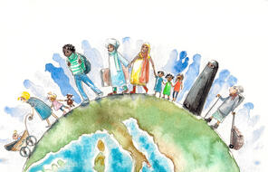 Illustration of people of different nationalities walking along the Earth.