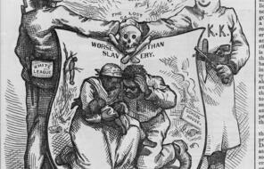 Man "White League" shaking hands with Ku Klux Klan member over shield illustrated with African American couple with dead(?) baby. In background, man hanging from tree.