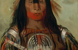  Painted portrait of a First Nation man in traditional attire.  