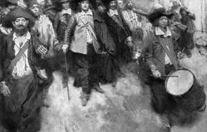 This 1905 painting by Howard Pyle depicts the burning of Jamestown in 1676 by black and white rebels led by Nathaniel Bacon.