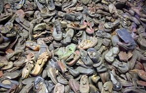 A memorial at Auschwitz of shoes taken from prisoners of the camp.