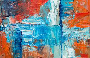 Abstract red, white, and blue painting with thick brush strokes.