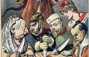 In this French political cartoon from 1898, the Qing official observes powerlessly as a pastry representing China is divided up by Queen Victoria of the United Kingdom, William II of Russia, the French Marianne, and a samurai of Japan.