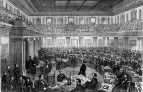 A black and white sketch of the Senate as a Court of Impeachment for the Trial of Andrew Johnson. 