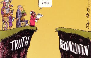 Cartoon showing Arhcbishop Desmon Tutu standing at edge of cliff labeled "Truth". 