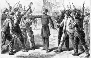  Man representing the Freedman's Bureau stands between armed groups of Euro-Americans and Afro-Americans.