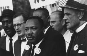 Picture of the Civil Rights March on Washington, D.C. Martin Luther King, Jr. and Mathew Ahmann in a crowd.