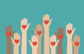 Graphic image of raised hands with palm-centered red hearts