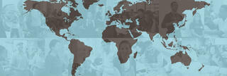 A map of the world interposed over photos of students and educators