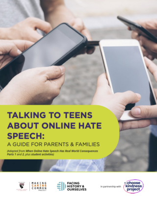 Poster of children looking at their cellphones with the text "Talking to Teens About Online Hate Speech: A Guide for Parents and Families"
