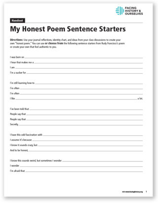 Preview of My Honest Poem Sentence Starters handout