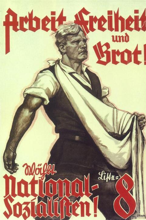 1930 poster of a masculine white farmer with a sack over his shoulder