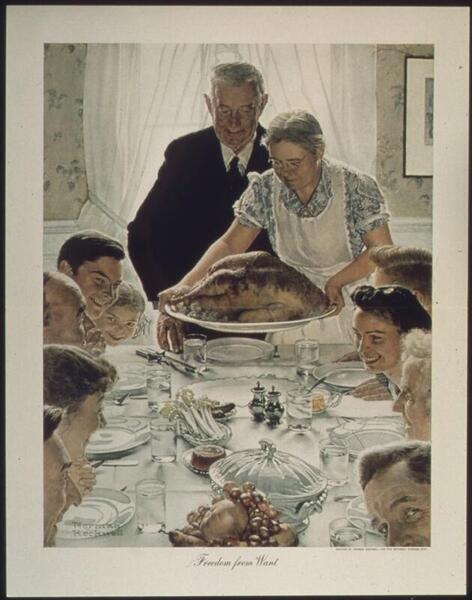 The painting depicts three generations of a family around a table at Thanksgiving. The father is standing at the head of the table as the mother is about to place a large turkey in front of him.