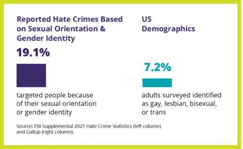 On the left, a bar graph of reported hate crimes based on sexual orientation and gender identity, where 19.1% targeted people because of their sexual orientation while 7.2% of the US adult population identified as gay, lesbian, bisexual, or trans.