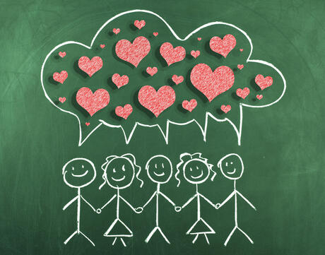 Five stick figures stand together with one thought bubble filled with hearts.