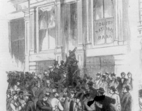 A drawn picture of people crowding into the Fourth National Bank